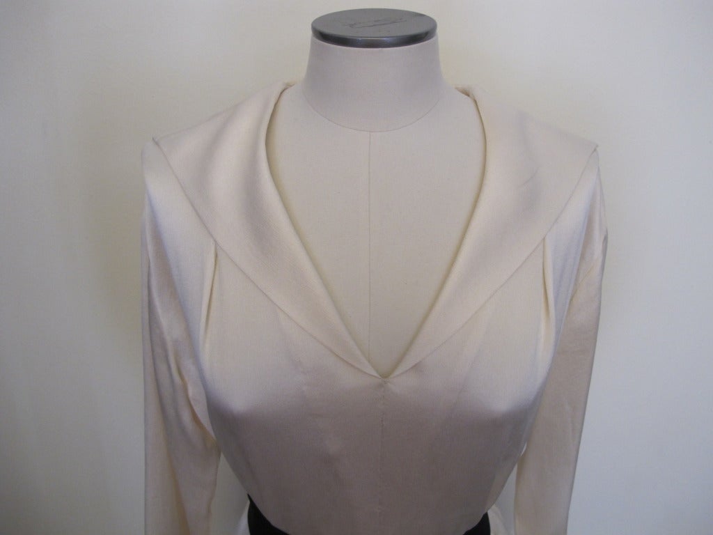 Classic Cream Chanel Blouse with Black Satin Ribon Tie In Excellent Condition For Sale In San Francisco, CA