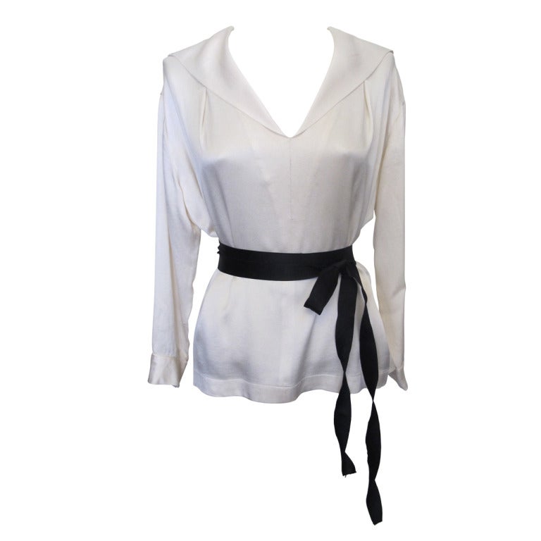 Classic Cream Chanel Blouse with Black Satin Ribon Tie For Sale