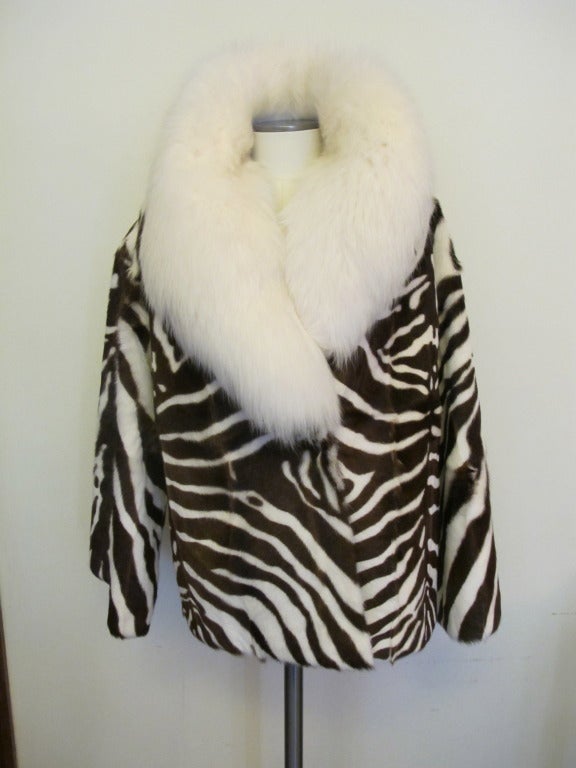 New Fabulous Zebra Design goatskin jacket with white fox hem; statement piece. Sleeve length 20 inches, shoulder to shoulder 21 inches.