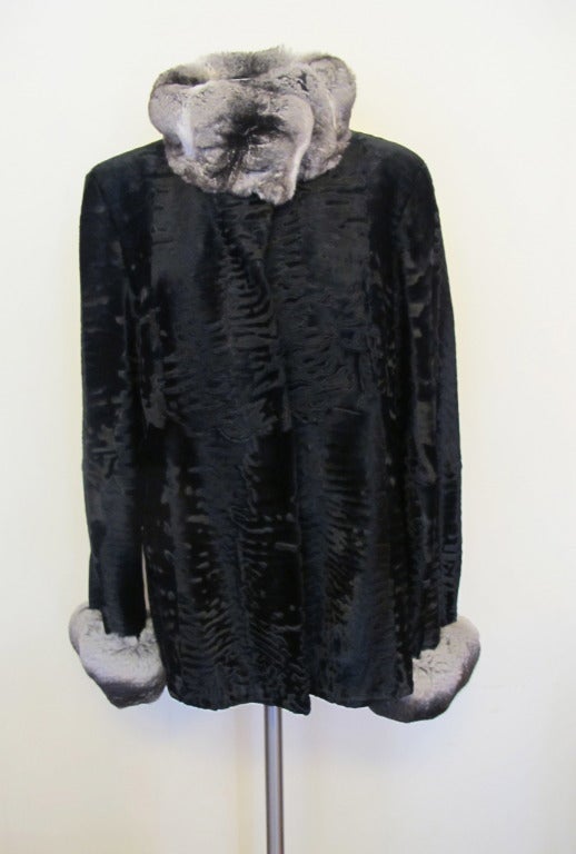 Black Elegant Giuliana Teso Russian Broadtail Jacket with Chinchilla Trim For Sale