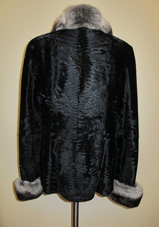 Elegant Giuliana Teso Russian Broadtail Jacket with Chinchilla Trim For Sale 1