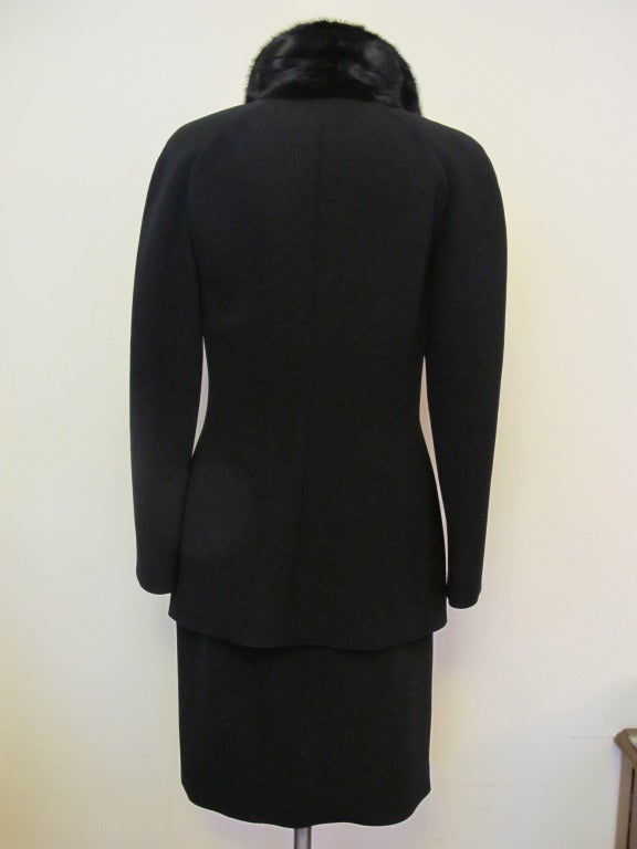 Elegant Valentino Black Suit with Black Mink Collar In Excellent Condition For Sale In San Francisco, CA