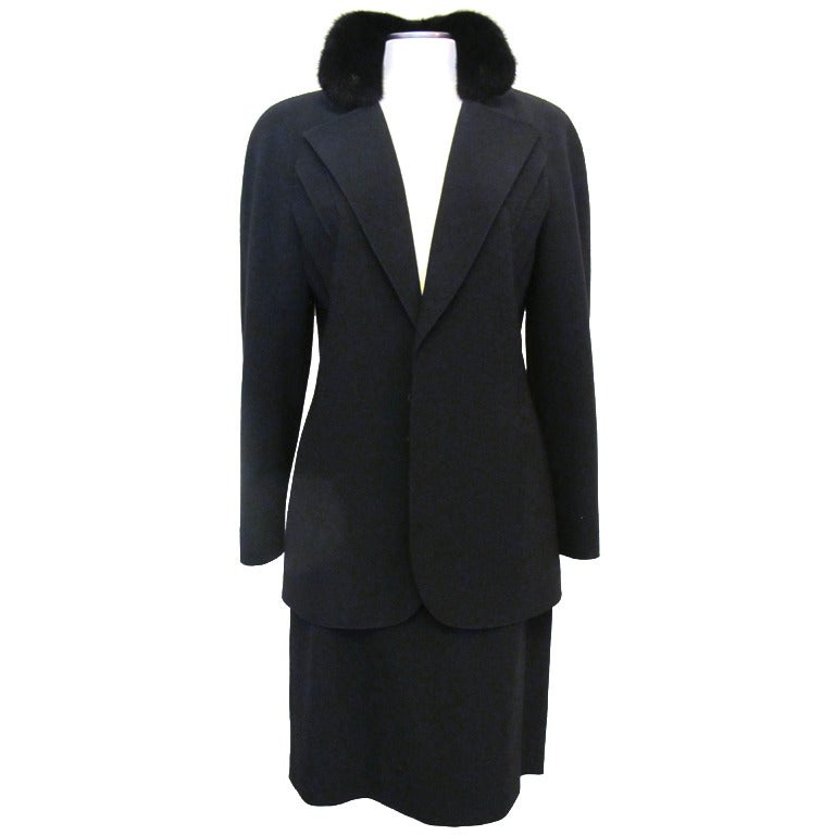 Elegant Valentino Black Suit with Black Mink Collar For Sale