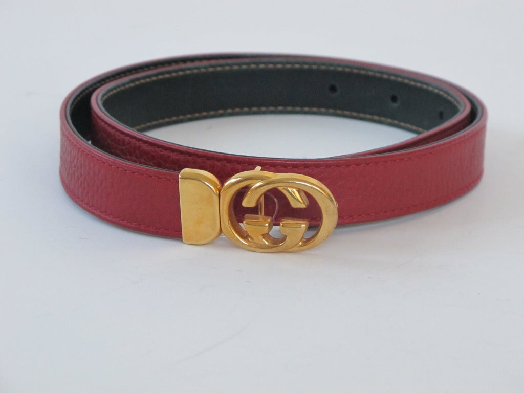 Gucci Red Thin Leather Belt with Gold Tone Buckle For Sale at 1stdibs