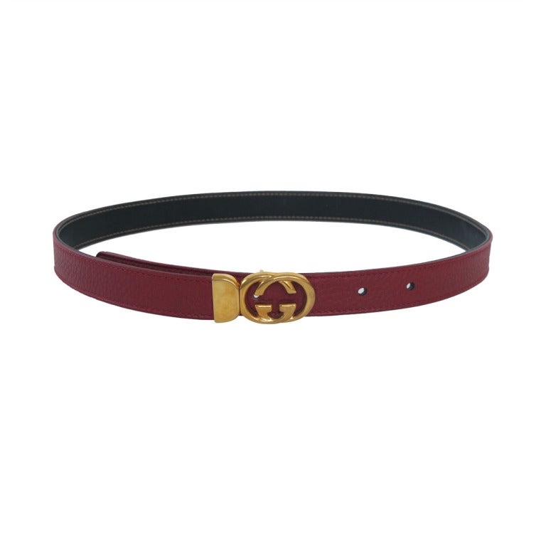 Gucci Red Thin Leather Belt with Gold Tone Buckle For Sale at 1stdibs