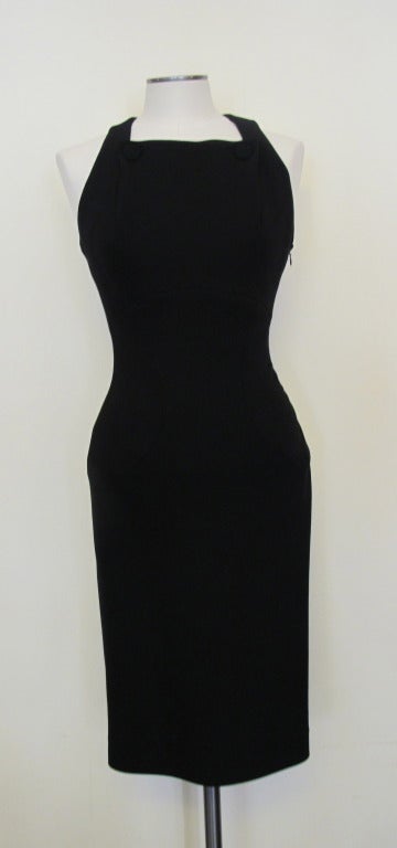 Utterly Stunning black Alaïa Sleeveless Cocktail dress with two matching covered buttons on top of bodice. Wool fabric stretches. This dress is truly divine.