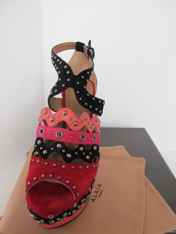 New Azzedine Alaia Suede Studded Platform Wedge Shoes For Sale 1