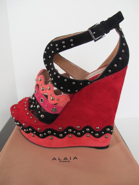 New Azzedine Alaia Suede Studded Platform Wedge Shoes For Sale 2