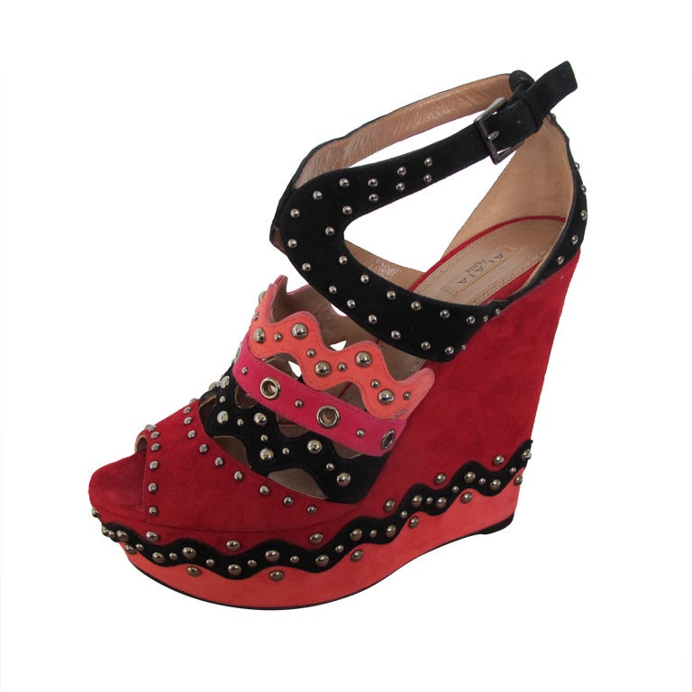 New Azzedine Alaia Suede Studded Platform Wedge Shoes For Sale