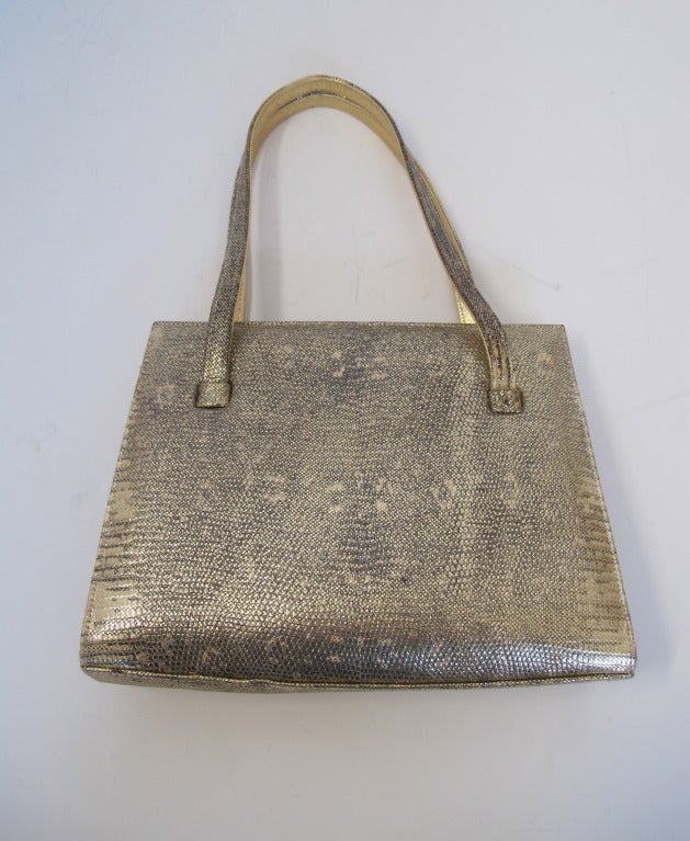Brown Lambertson Truex Gold Ring Lizard Handbag For Sale