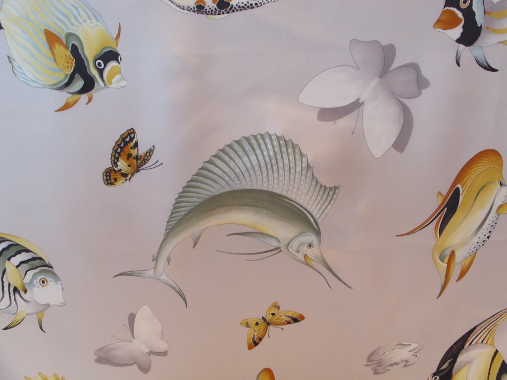 Luxurious new scarf with fish and butterfly design, which ones to life via an off white background with grey border. 

Hand rolled hem and original folds.