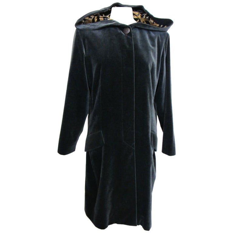 Yves St. Laurent Grey Velvet Coat with Tiger Lined Hood For Sale