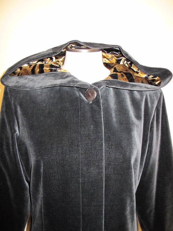 Black Yves St. Laurent Grey Velvet Coat with Tiger Lined Hood For Sale
