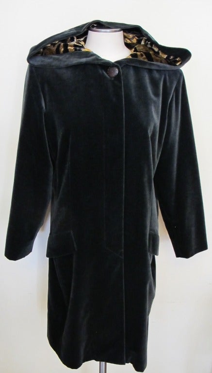 Yves St. Laurent Grey Velvet Coat with Tiger Lined Hood In Excellent Condition For Sale In San Francisco, CA
