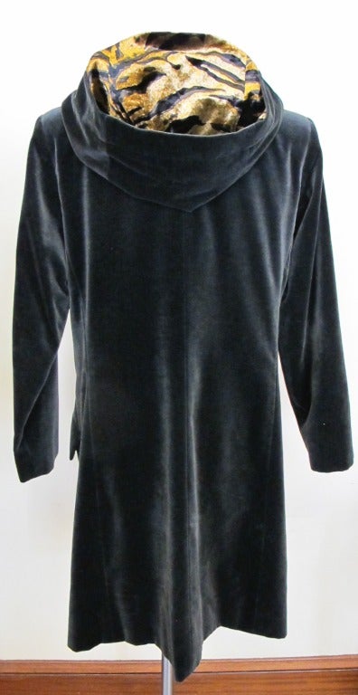Yves St. Laurent Grey Velvet Coat with Tiger Lined Hood For Sale 1