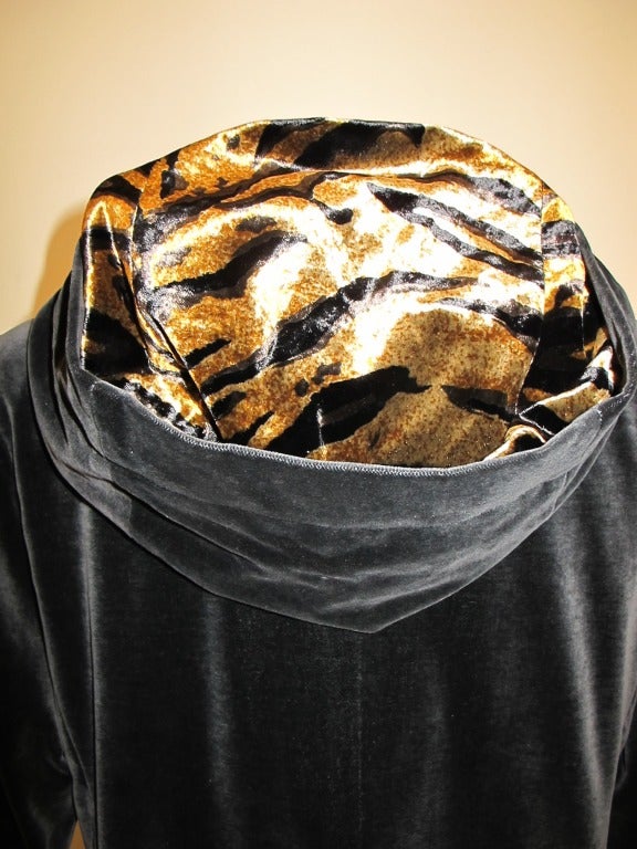 Yves St. Laurent Grey Velvet Coat with Tiger Lined Hood For Sale 2
