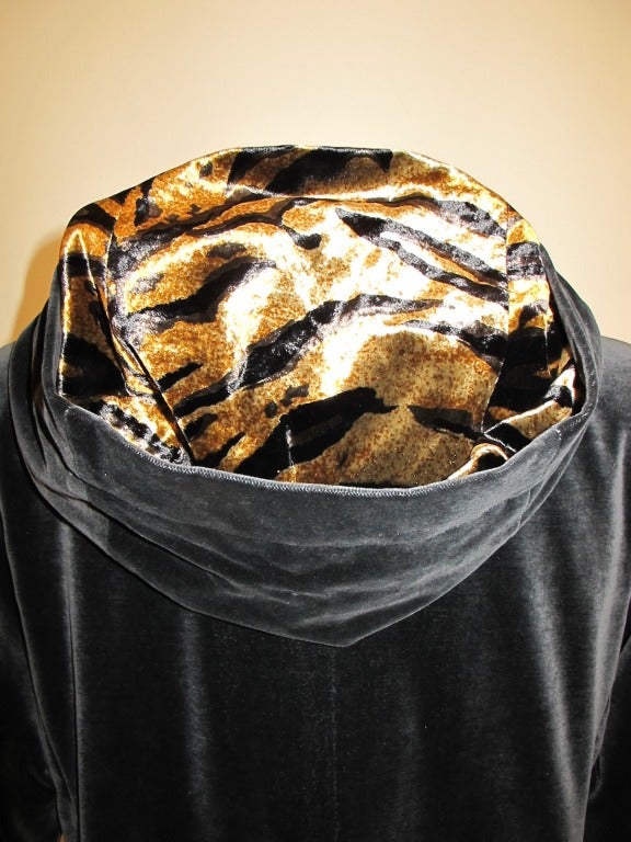 Yves St. Laurent Grey Velvet Coat with Tiger Lined Hood For Sale 3