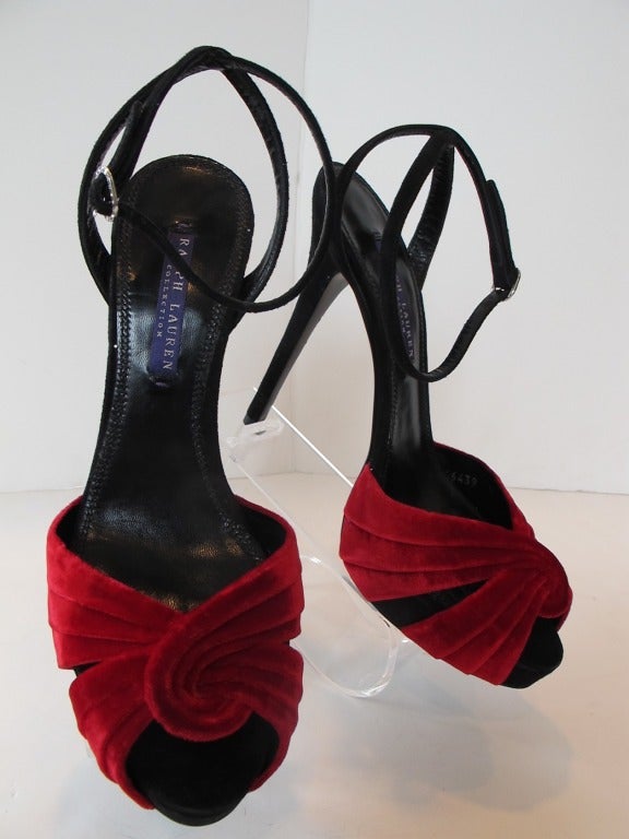 Ralph Lauren Collection red velvet shoes with black suede platform and 5.25 inch black suede heels.