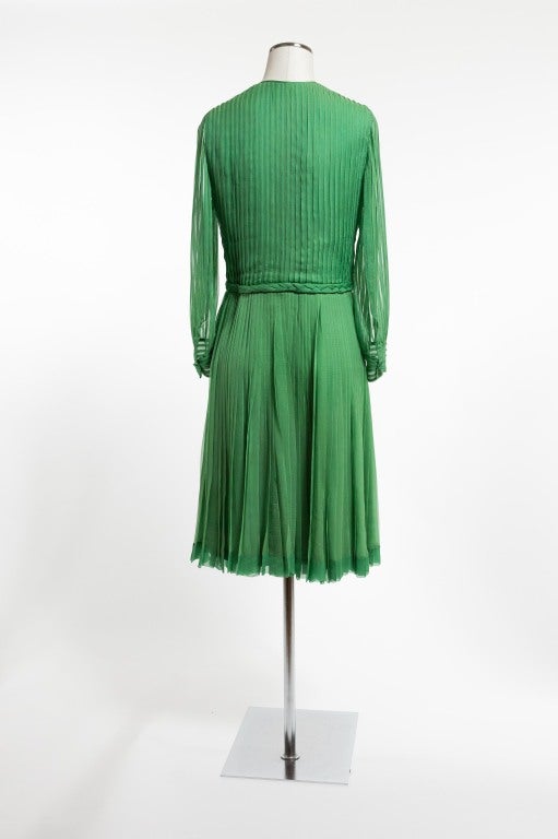 1970's Galanos Jade Green Pleated Silk Chiffon Dress In Excellent Condition For Sale In San Francisco, CA