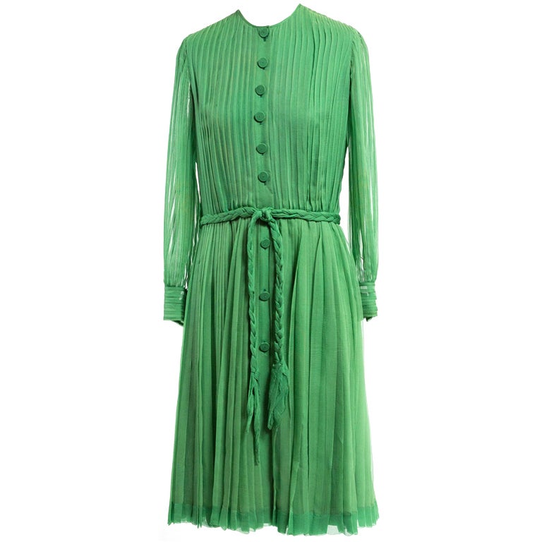 1970's Galanos Jade Green Pleated Silk Chiffon Dress For Sale
