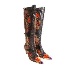 Etro Leather and Crushed Velvet Boho Knee High Boots 4