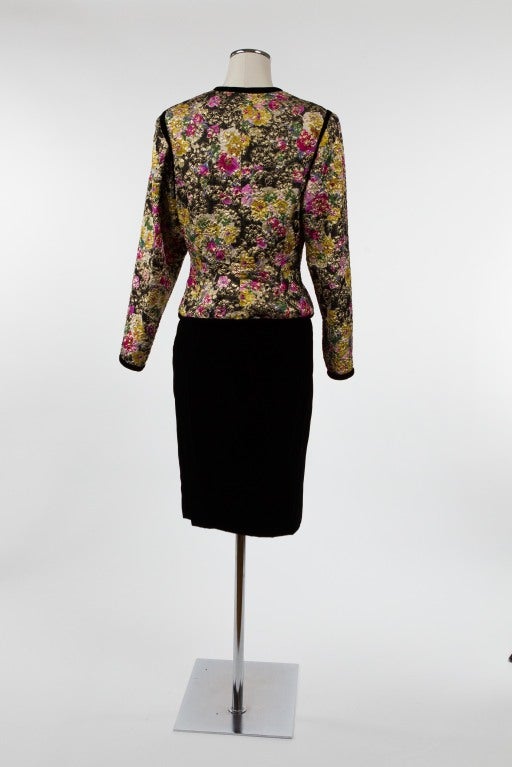 Black 1980's Oscar de la Renta Two Piece Brocade and Velvet Suit For Sale