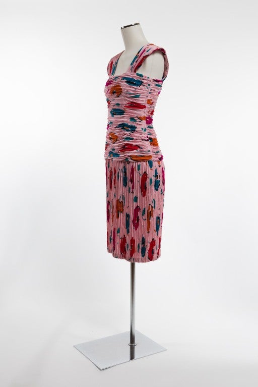 Pink Emanuel Ungaro Silk Plisse Print on Print Dress For Sale