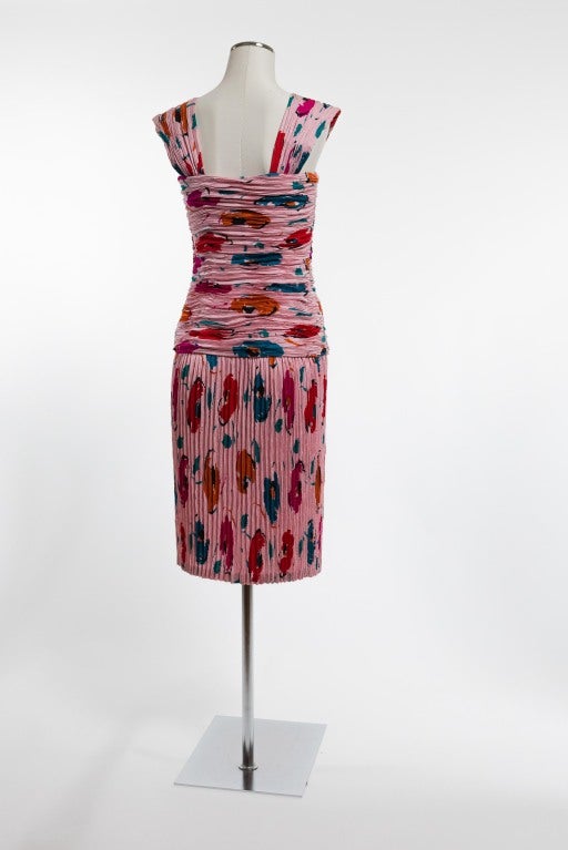 Emanuel Ungaro Silk Plisse Print on Print Dress In Excellent Condition For Sale In San Francisco, CA
