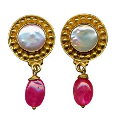 Pair of Pearl and Pink Ruby Drop Earrings