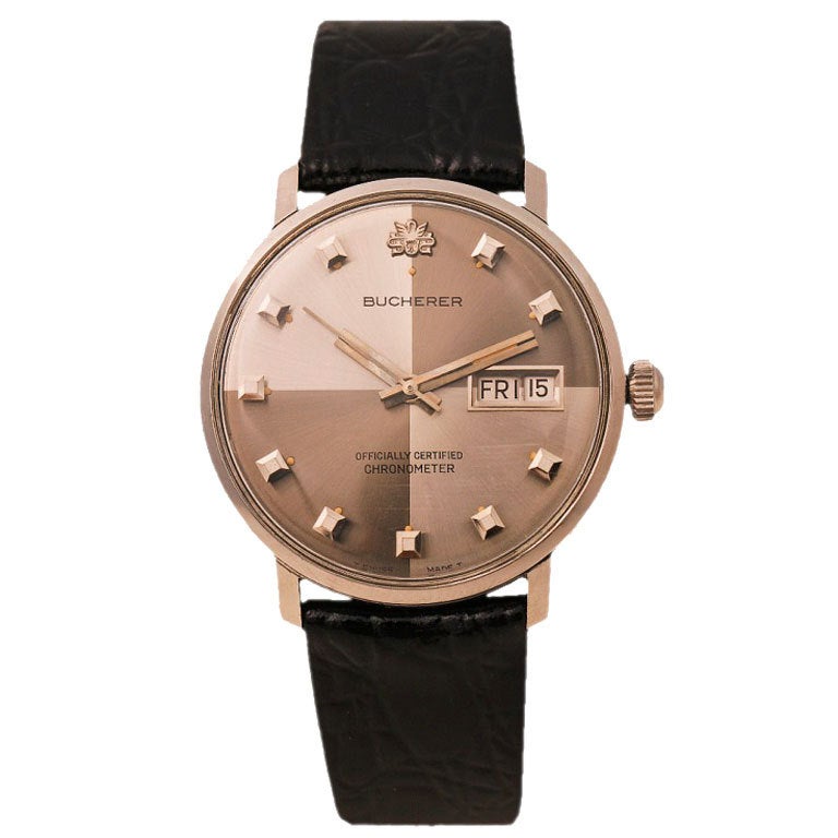 BUCHERER Stainless Steel Day-Date Wristwatch circa 1960s For Sale