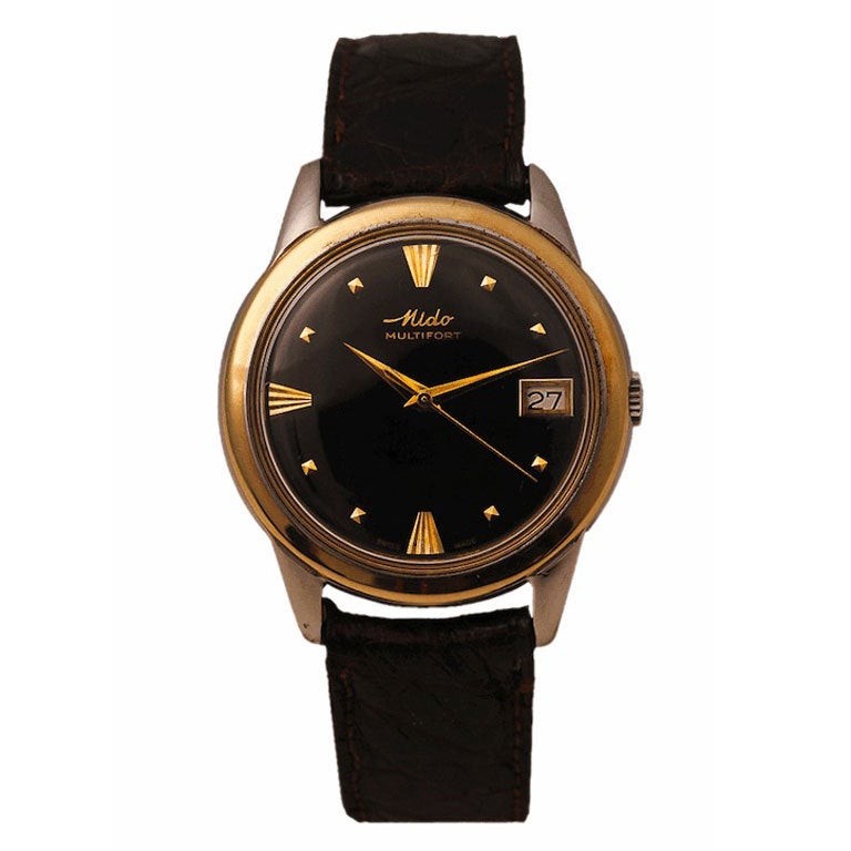 MIDO Yellow Gold Multifort Automatic Wristwatch with Black Dial and Date For Sale