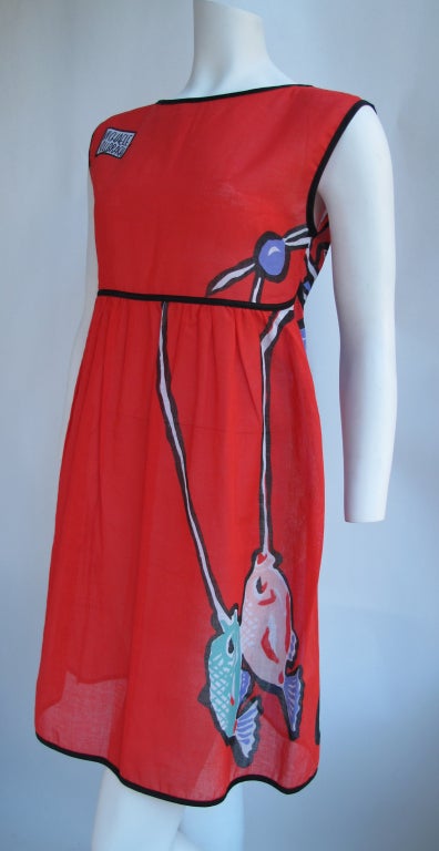 Michaele Vollbracht for Sofere sleeveless summer dress adorned with the portrait of a Japanese Geisha girl on its BACK (***first photo in listing is the BACK of the dress) and two Koi fish on the end of a fishing line wrapping around the skirt