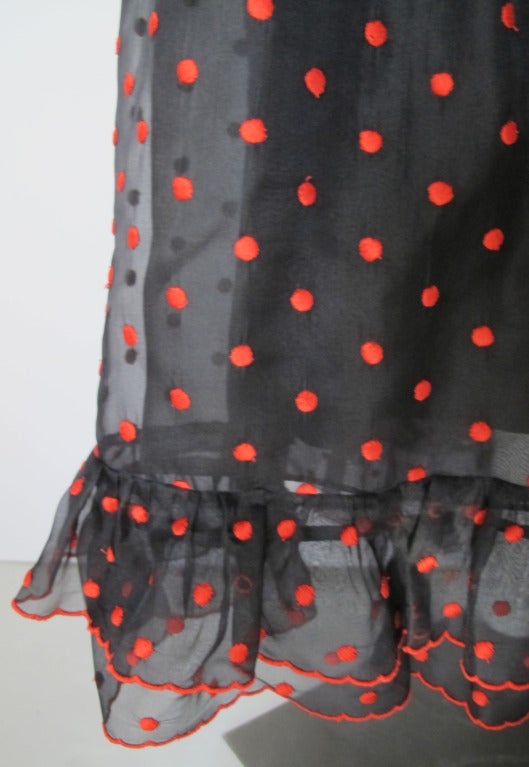Women's Oscar de La Renta Black & Red Polka Dot Organza Ruffle Trim Maxi Dress Gown