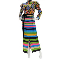 1970s Lanvin Colorful Floral & Striped Print Silk Gown