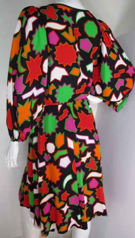 Women's Yves Saint Laurent YSL Day Dress w/Balloon Sleeves & Abstract Print ca. 1980's