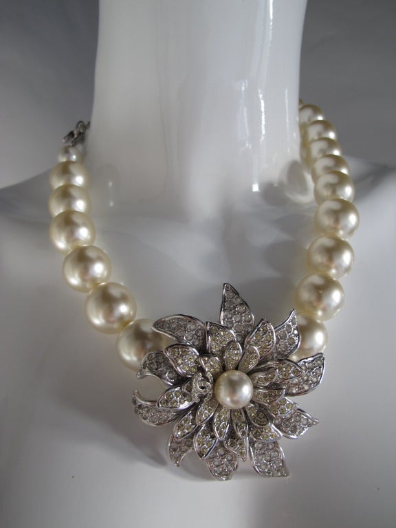 Chanel Faux Pearl Necklace w/Rhinestone Flower