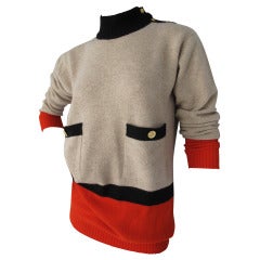 Vintage 1980s Chanel 100% Cashmere Color Block Sweater w/Clover Buttons