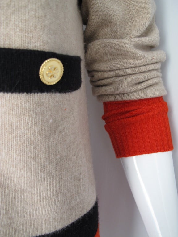 Women's 1980s Chanel 100% Cashmere Color Block Sweater w/Clover Buttons
