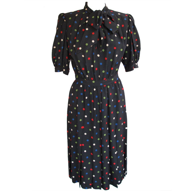 Vintage Yves St. Laurent Polka Dot Short Sleeve Silk Dress Sz 38