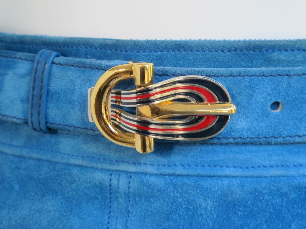 1970s Electric Blue Gucci Suede Skirt with Enamel Buckle In Excellent Condition In Studio City, CA