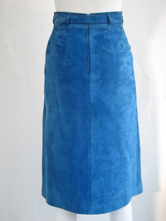 Women's 1970s Electric Blue Gucci Suede Skirt with Enamel Buckle
