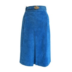 Vintage 1970s Electric Blue Gucci Suede Skirt with Enamel Buckle