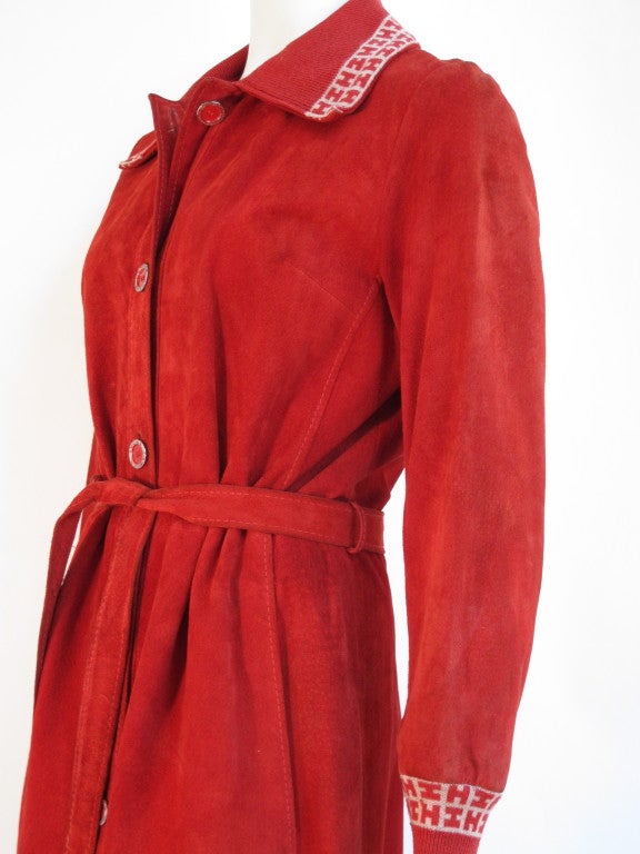 1970’s Hermes Sport Suede Belted Coat w/Sweater Cuffs & Collar In Excellent Condition In Studio City, CA