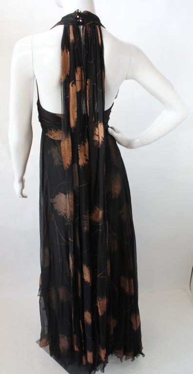 Women's Vintage Chloe Chiffon Halter Gown w/Silk-Screened Leaf Pattern