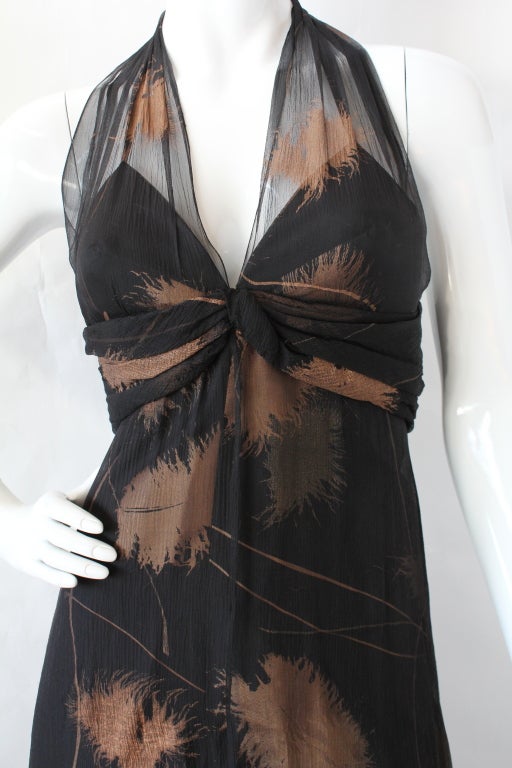 Vintage Chloe Chiffon Halter Gown w/Silk-Screened Leaf Pattern 3