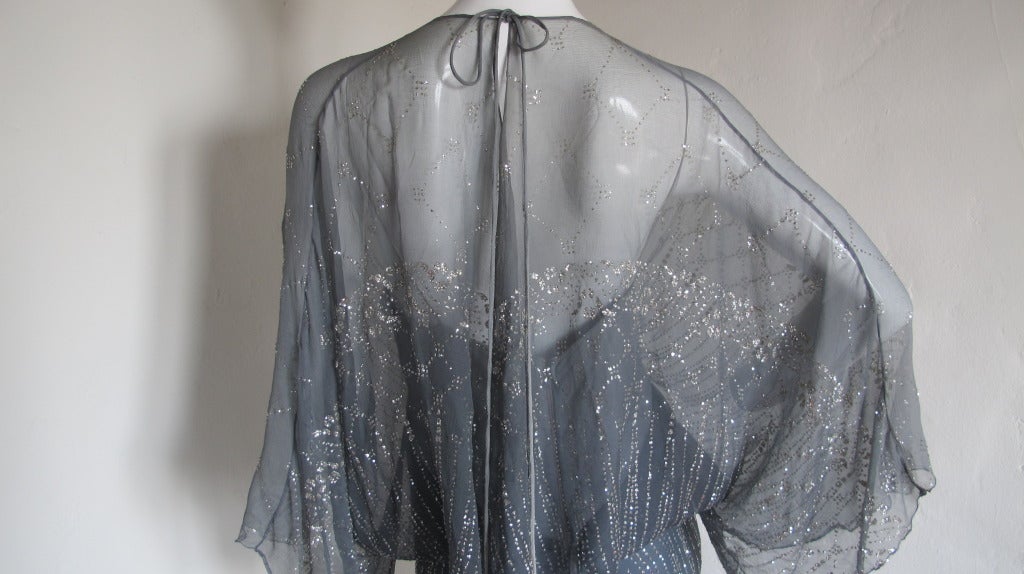 Gray 1970s Gina Fratini Ombre Silk Glitter Gown with Train