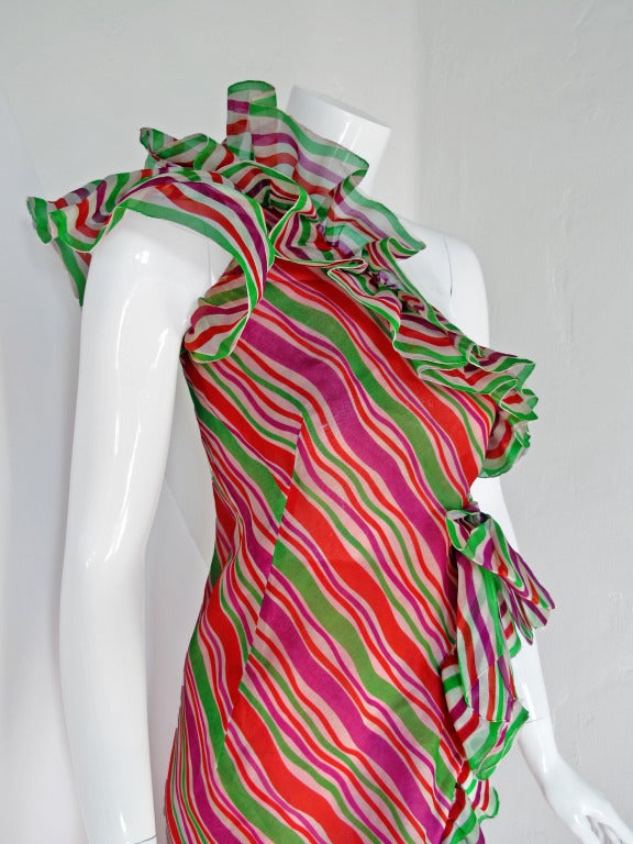 1970s Capecchi One Shoulder Silk Organza Striped Ruffle Gown In Excellent Condition In Studio City, CA