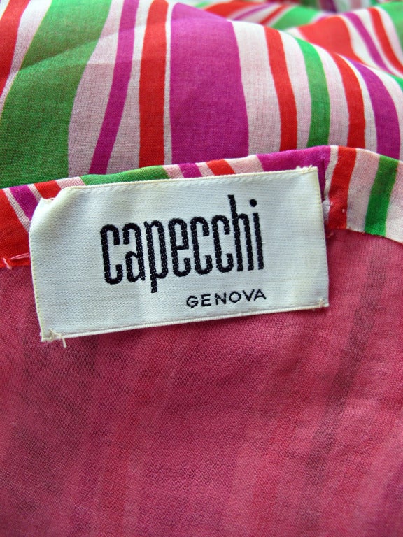 1970s Capecchi One Shoulder Silk Organza Striped Ruffle Gown 1
