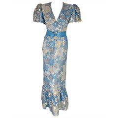 Vintage 1980s Hanae Mori Blue and Silver Silk Lame Gown w/Ruffle Bottom