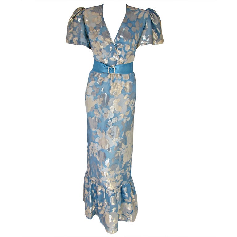 1980s Hanae Mori Blue and Silver Silk Lame Gown w/Ruffle Bottom